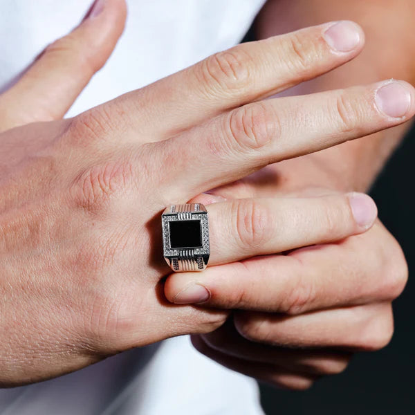 Men's Square Flat Onyx Ring with CZ