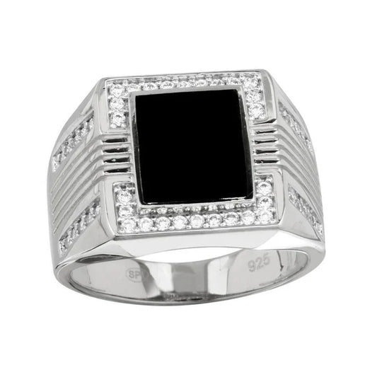 Men's Square Flat Onyx Ring with CZ