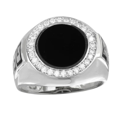 Men's Round Flat Round Onyx Ring with CZ