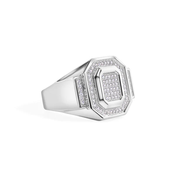 Men's Embossed Octagon Top Round Cut Clear CZ Ring