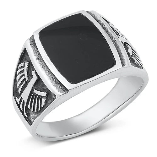 Black Agate Stone with Open Wing Eagle Ring