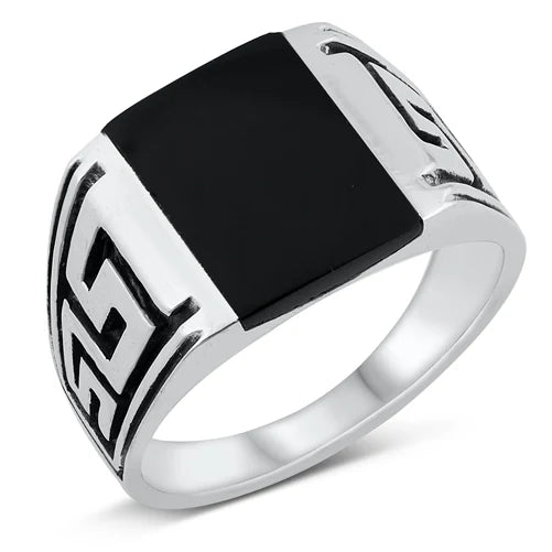 Men's Black Agate Tribal Pattern Ring