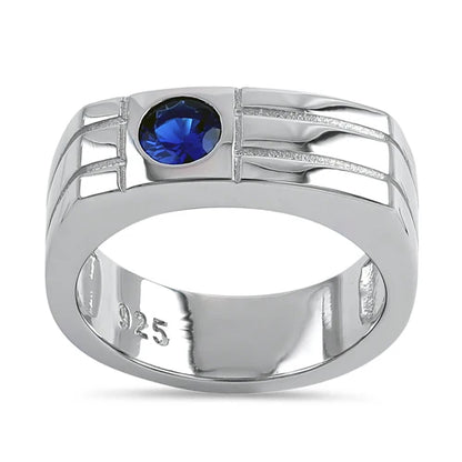 Men's Offset Round Cut Blue CZ Ring