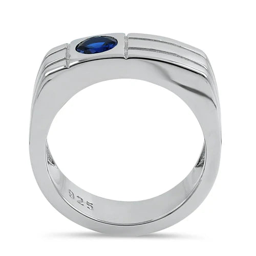 Men's Offset Round Cut Blue CZ Ring