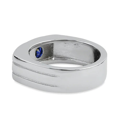 Men's Offset Round Cut Blue CZ Ring