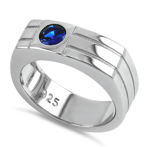 Men's Offset Round Cut Blue CZ Ring