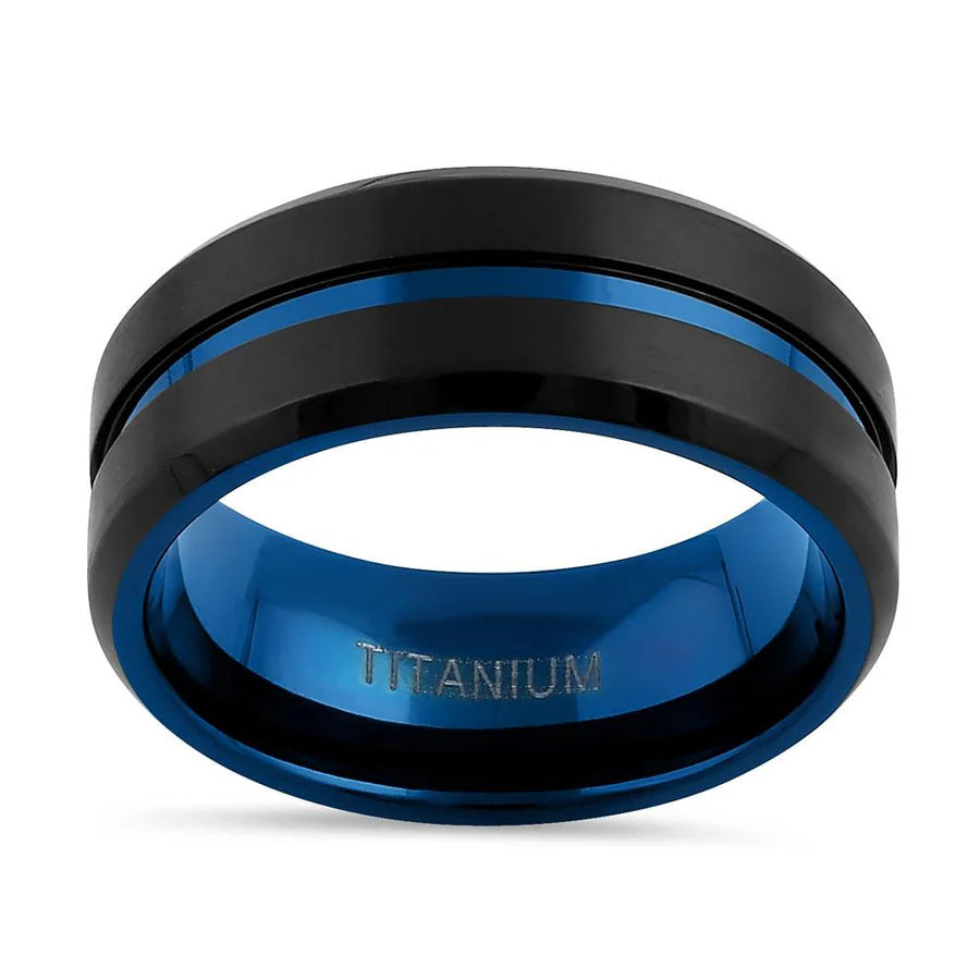 Black and Blue Brushed with Stripe Band Ring