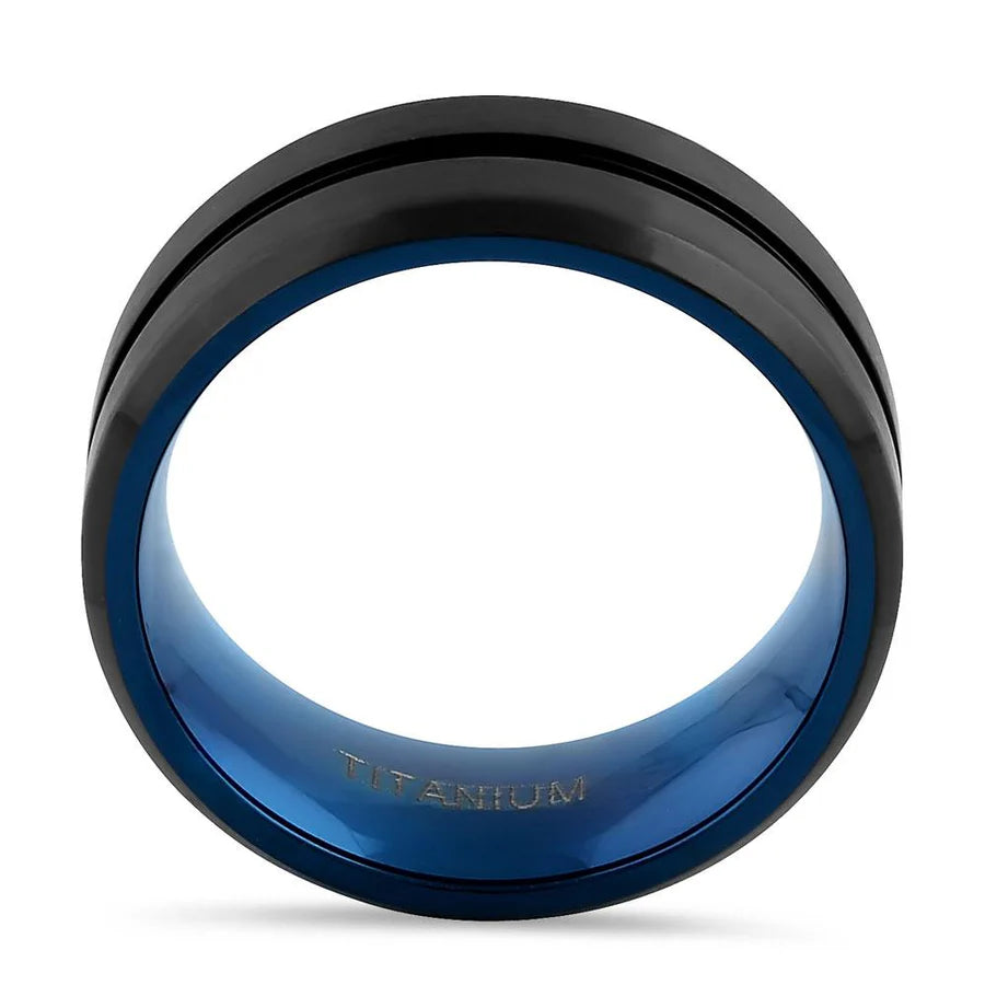 Black and Blue Brushed with Stripe Band Ring