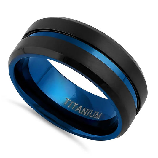 Black and Blue Brushed with Stripe Band Ring